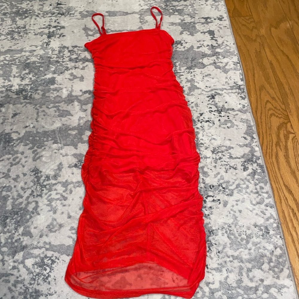Slip dress with tulle ruching overlay